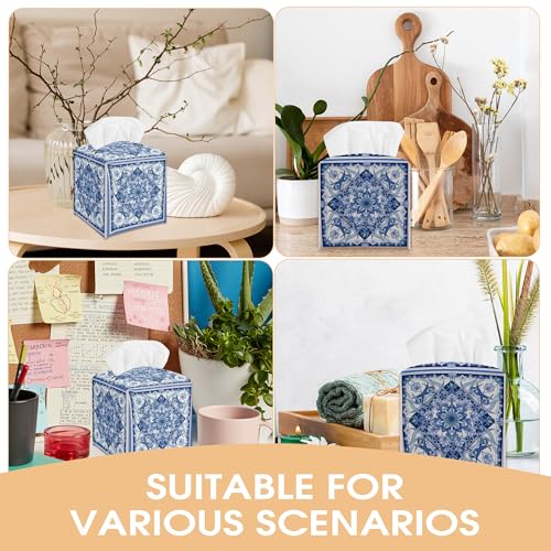 Boho Floral Tissue Box Cover Holder - Blue PU Leather Decor