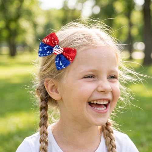 Hmxpls 4th of July Patriotic Hair Bow Clips - Sequin Red White and Blue