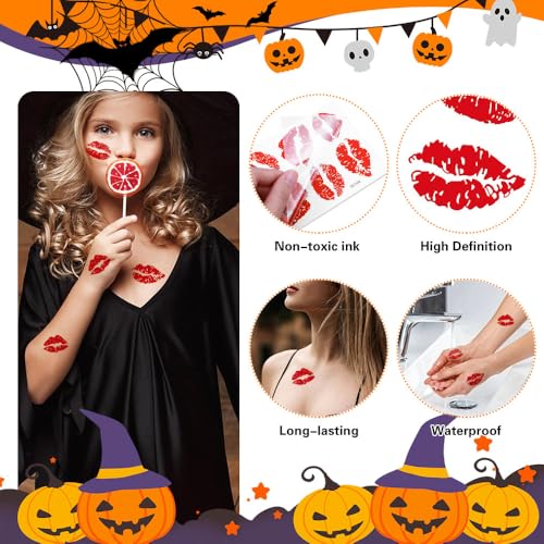 DEXUHE Red Lip Kiss Temporary Tattoos - 108 Pcs Waterproof Fake Lip Print Stickers for Halloween and Parties