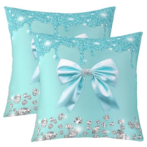 Erosebridal Teal Bowknot Throw Pillow Covers, 18x18 Inch Square Set of 2