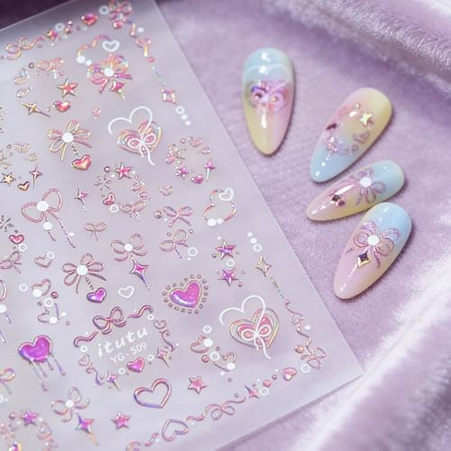 5D Embossed Pink Nail Stickers Self-Adhesive Heart Bow Nail Art Decals