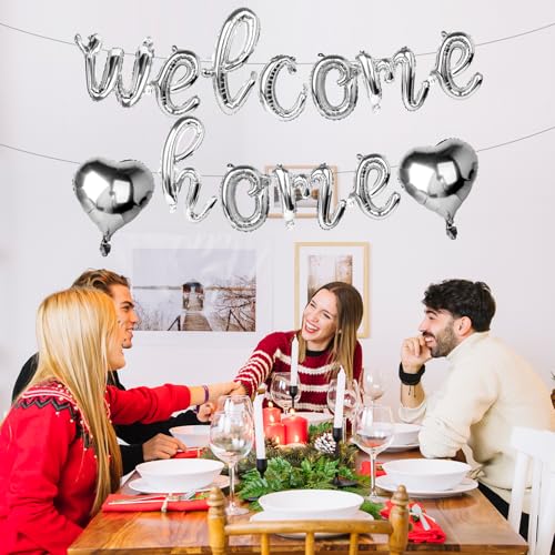 Welcome Home Balloon Banner Set - Silver Foil Letters & Hearts
