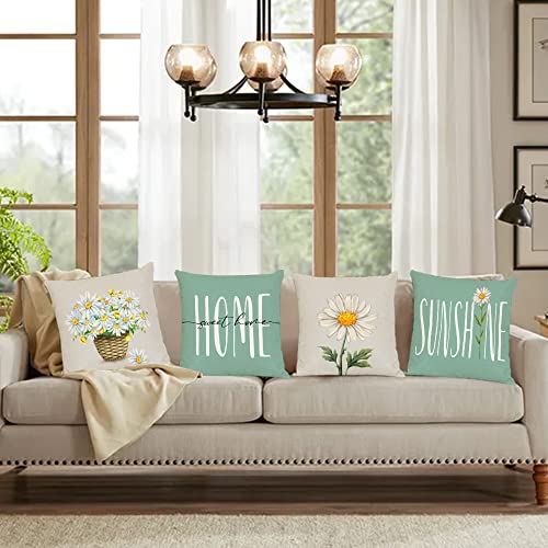 Daisy Throw Pillow Covers Set of 4 | 16x16 Cotton Linen Cushions for Summer Decor