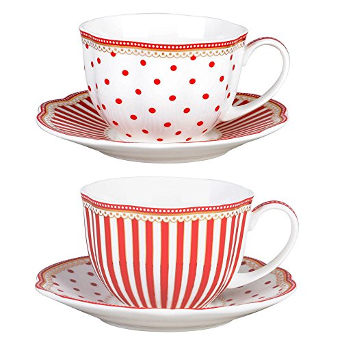 Red Dot Stripes Scallop 9-Ounce Porcelain Tea/Coffee Cup & Saucer Set - Gold Trim, Set of 2