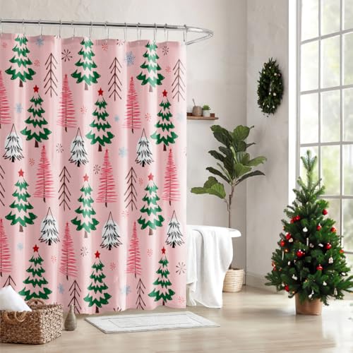MelonBoat Christmas Shower Curtain, Pink Xmas Tree Fabric Bath Curtain 72x72