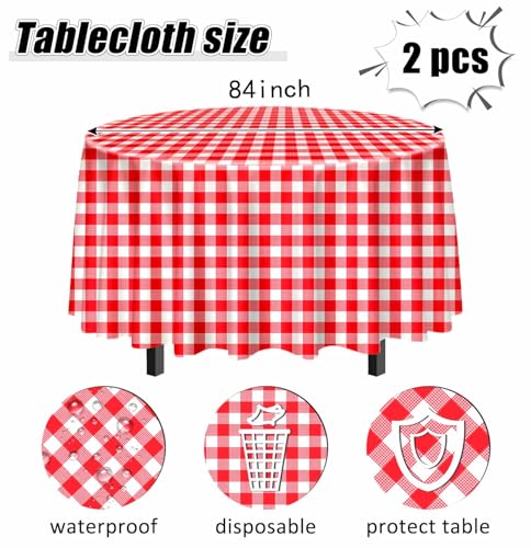 SietDESEO 84-Inch Round Red Gingham Tablecloth - 2 Pack Disposable Plaid Cover