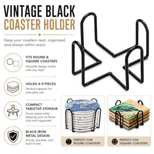 Kryoflare Black Vintage Coaster Holder Metal Storage Caddy for Round & Square Coasters