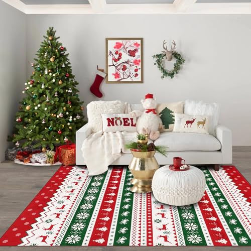 Christmas Washable Area Rug 5x7 ft Colorful Tree Deer Bell - Variations of this Listing