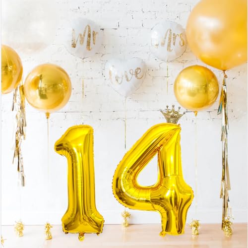 32 Inch Gold Number 14 Crown Balloon Set for 14th Birthday Party and Anniversary