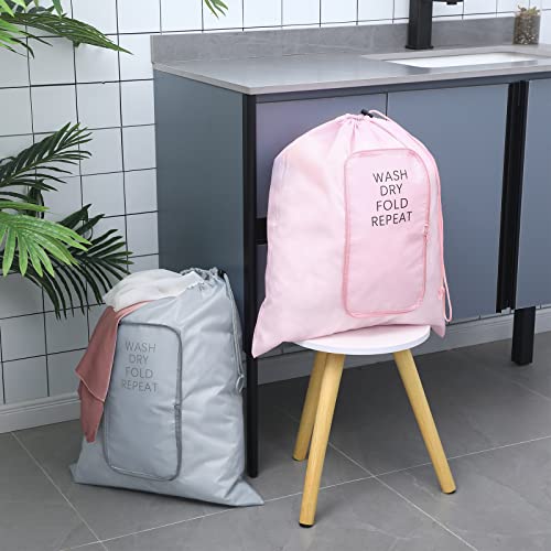 Boao Travel Laundry Bag Set - 2 Pcs with Zipper Drawstring (Classic, Pink/Gray)