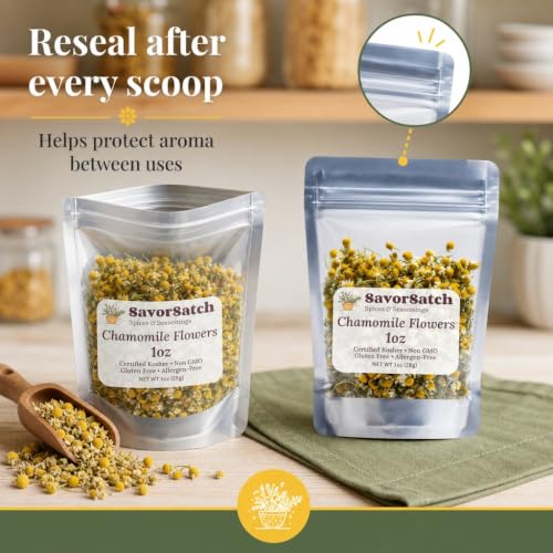 Whole Dried Chamomile Flowers – 1 Ounce Resealable Pouch for Tea & Skincare