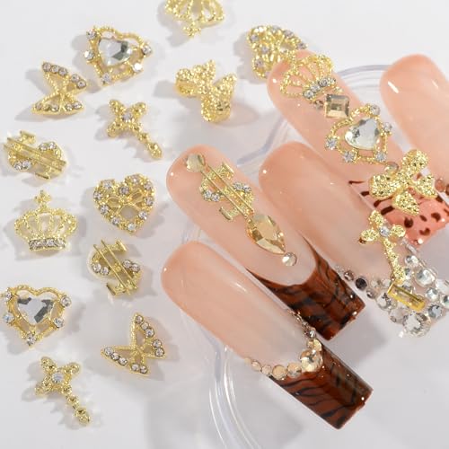 QIMYAR 36Pcs Mixed Shape Gold Nail Rhinestones K9 Glass Crystal Charms