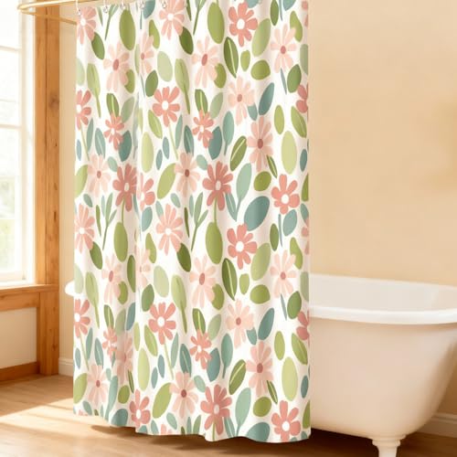 Pink & Green Floral Shower Curtain, Waterproof 180x180cm