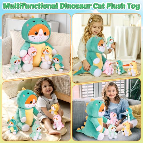 Dinosaur Cat Plush Family Set - Large Mommy & 4 Baby Kittens Kawaii Pillow - Kids & Adults Gift