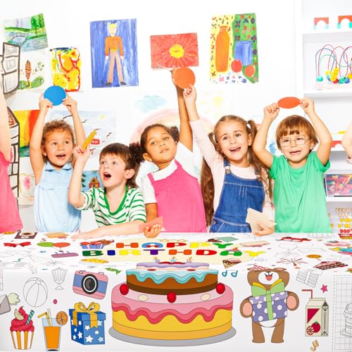 QISOLIY Happy Birthday Coloring Tablecloth, 31 x 71 Inch Giant Paper Poster for Kids Party