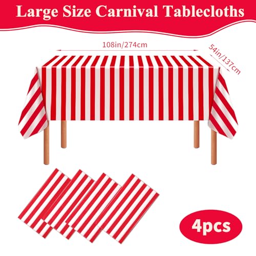 NOVWANG Carnival Tablecloth - Red and White Stripe Plastic Cover, 4 Pack