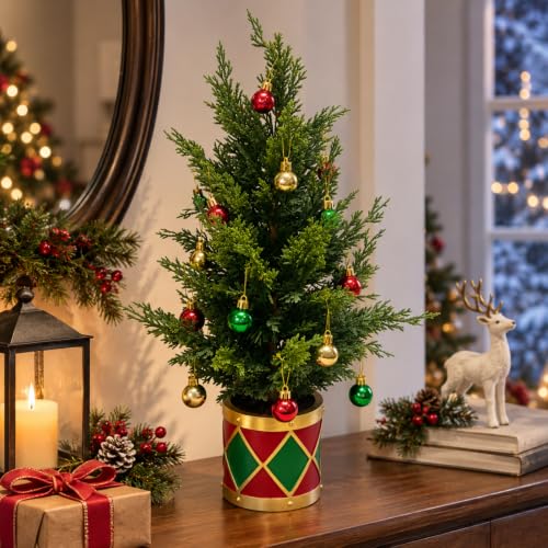 Lighted Tabletop Christmas Tree with Timer, 50 LEDs, Ornaments, 22 Inch