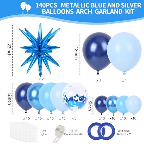 RUBFAC 140pcs Blue Balloon Arch Kit - Navy & Metallic Blue Garland Set