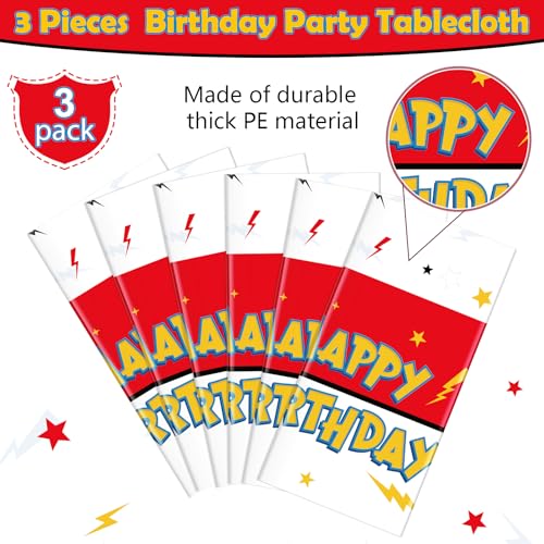 3 Pack Red & White Birthday Tablecloths - Happy Birthday Design, 54" x 108"