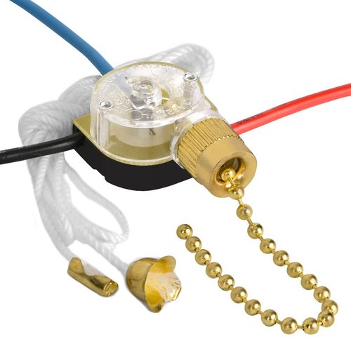Ceiling Fan Pull Switch Zing Ear ZE-110 3 Wire 3 Way 2 Circuit 4 Position Fan Speed Pull Chain Light Switch Replacement with Pulling String, Brass