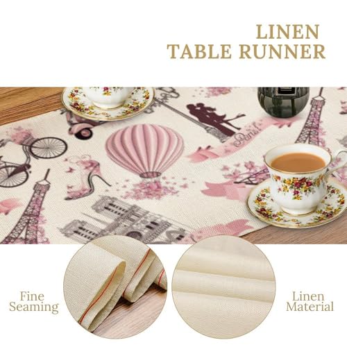 Pink Romantic Eiffel Tower Table Runner 13x36 Inches for Farmhouse Kitchen Dining