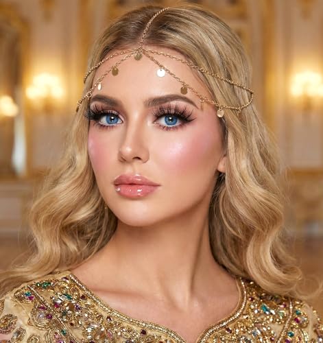 Gold Head Chain Sequin Boho Layered Hair Piece for Women