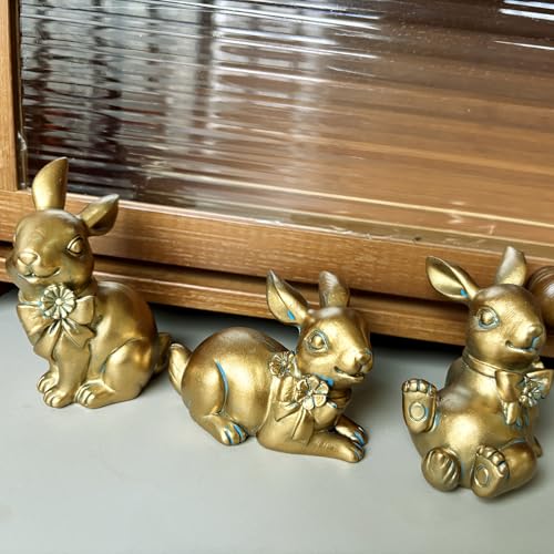 Hand-Painted Gold Easter Bunny Statues - Set of 3 Resin Decor