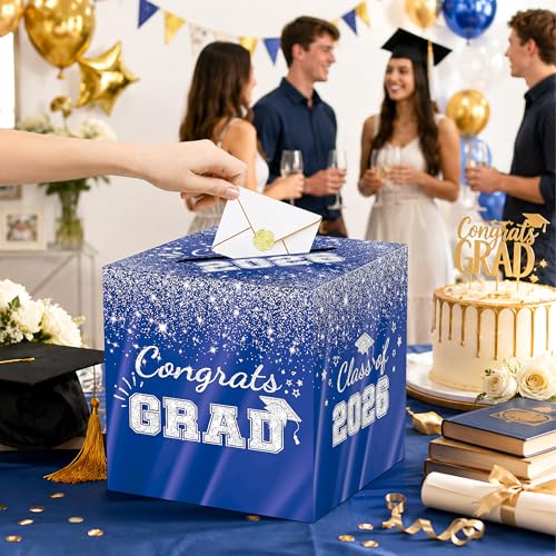 Blue Silver Graduation Card Box - 2026 Glitter Party Decor 8.7"