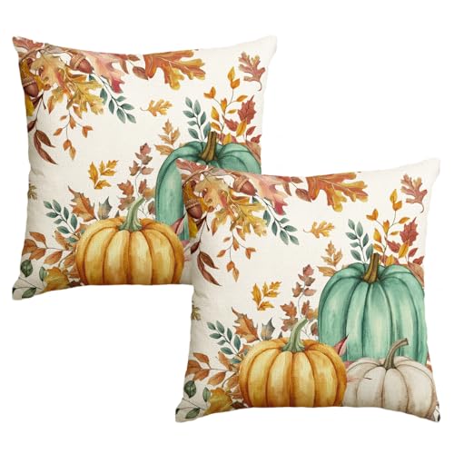 Fall Pumpkin & Maple Leaf Pillow Covers 18x18 Inch Set of 2 - Seasonal Thanksgiving Decor
