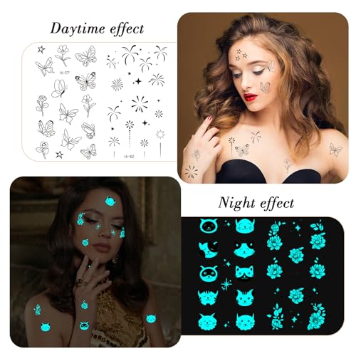 Konsait 24 Sheets Glow in the Dark Face Temporary Tattoos Luminous Body Art