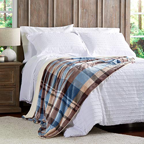 Lavish Home Poly Fleece Sherpa Throw - Oversized Plush Woven Polyester Sofa and Bed Blanket - Breathable and Machine Washable (Blue/Brown Plaid)