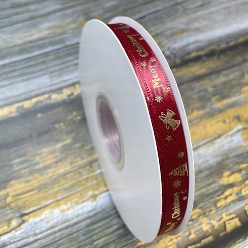 50 Yards Satin Christmas Ribbon with Bells & Snowflakes - Wine Red