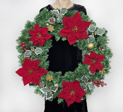 Artificial Cemetery Wreath - 24 Inch Outdoor Grave Decoration with Poinsettia for Winter Remembrance