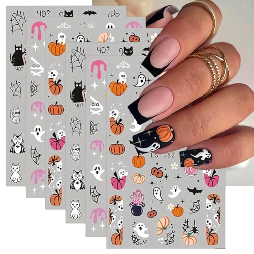 Halloween Nail Art Stickers - 6 Sheets 3D Self-Adhesive Ghost Pumpkin Decals