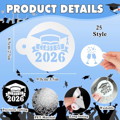 Graduation Cookie Stencils - 25 Pack Reusable Latte Art Tools