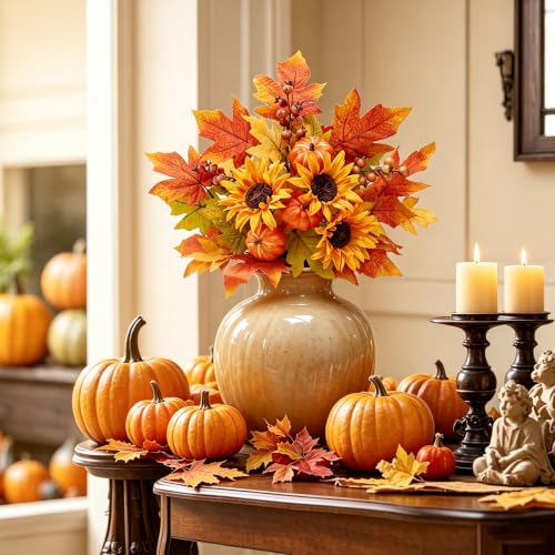 Fall Flowers Artificial Bouquet - Sunflower & Pumpkin Decor, 4PCS