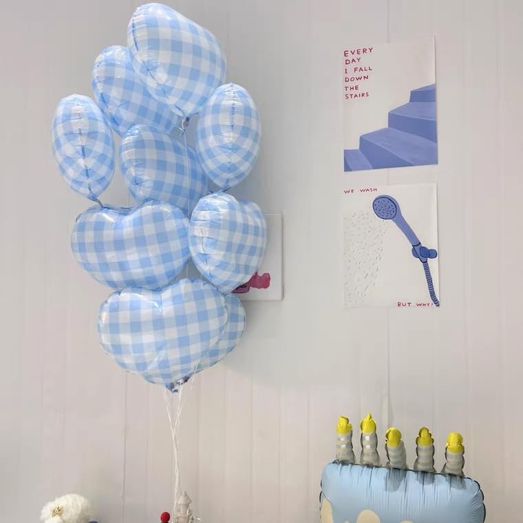 10 Pcs 18-Inch Blue Checked Heart Balloons - Pastel Gingham Foil Party Decor