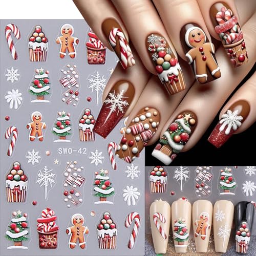 5D Embossed Christmas Nail Stickers Decals Santa Snowman 4 Sheets