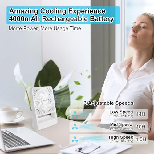 ELZO Travel Fan - Foldable Mini Desk Fan, Quiet Battery Operated, 3 Speeds, 225° Tilt, White