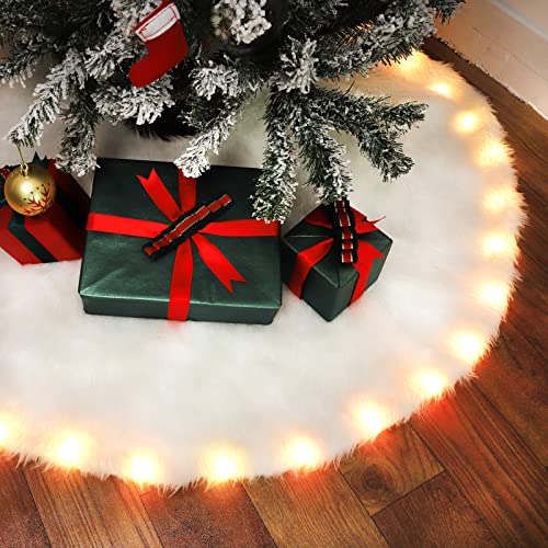 30 Inch Faux Fur Christmas Tree Skirt with LED Lights White Snow Plush Xmas Decor - Variation: White With Light / 30In
