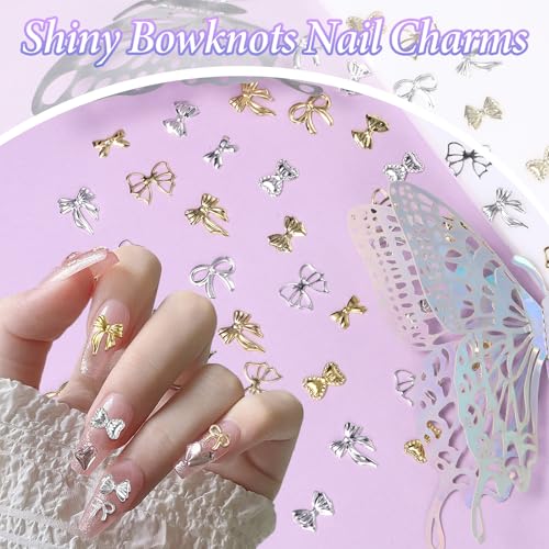 Anower Silver & Gold Bow Nail Charms 12 Styles Alloy Bowknot Studs