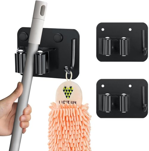 JAMEND Broom Holder - Heavy Duty Stainless Steel Mop Hanger | 2-Pack Wall Mount Utility Rack in Matte Black