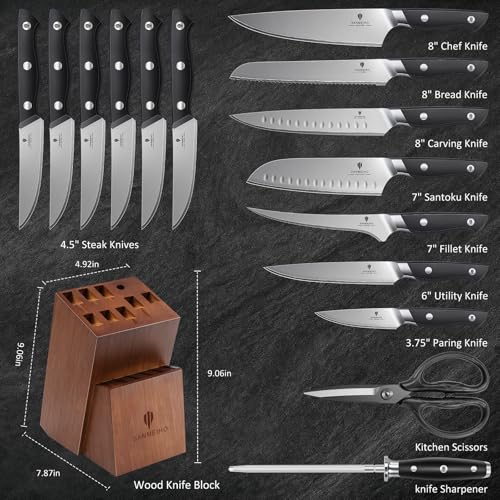 16 PCS Japanese Kitchen Knife Set with Block - Ultra Sharp & Dishwasher Safe - Includes Sheath & Sharpener