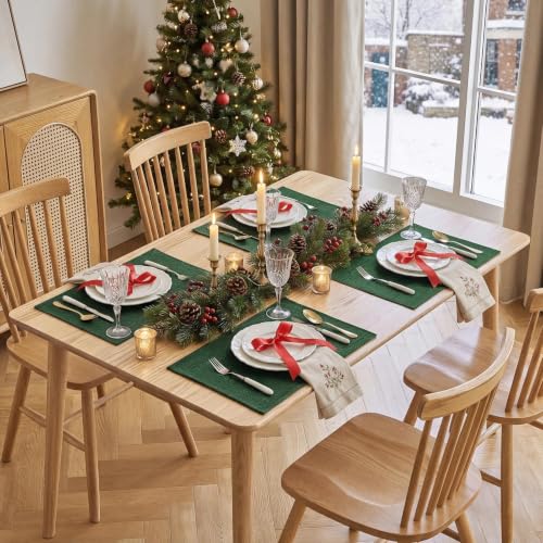 Christmas Cloth Placemats Set of 6 - Dark Green 12x18 Inches - Softalker