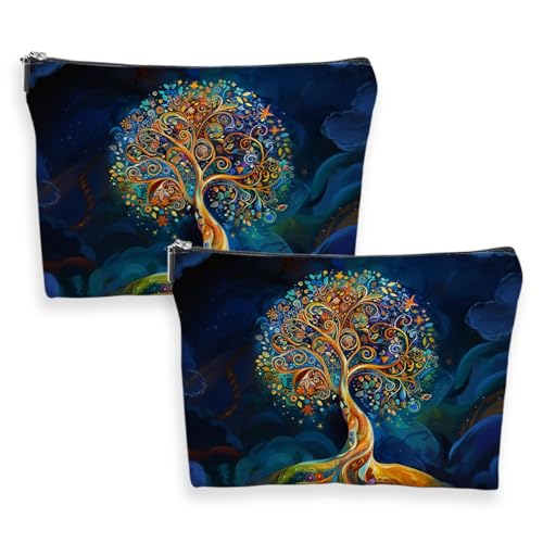 2-Piece Tree of Life Linen Makeup Bag & Travel Toiletry Organizer