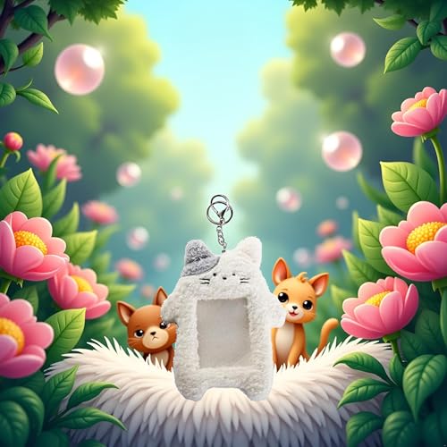 Zhuluck White Cute Plush Photocard Holder Keychain Cartoon Animal Photo Sleeve