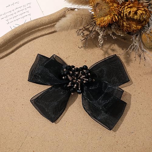 Pearl Flower Bow Hair Clip with Tulle and Crystals Black