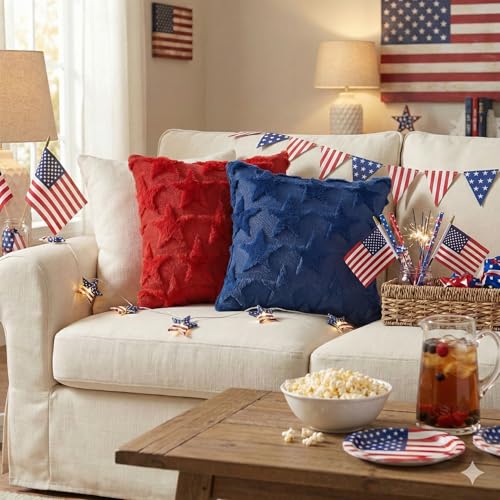 AVOIN Patriotic Stars Throw Pillow Covers, 18x18 Red & Blue, Set of 2