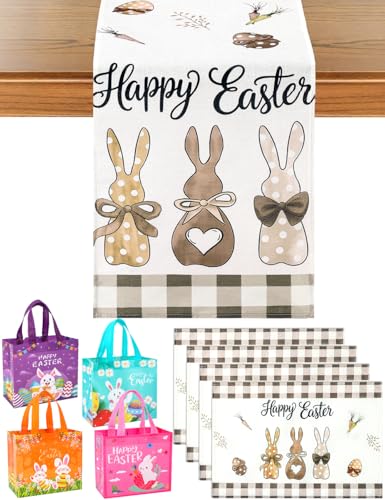 Easter Table Runner Set with 4 Placemats & 4 Gift Bags, Bunny & Carrot Linens