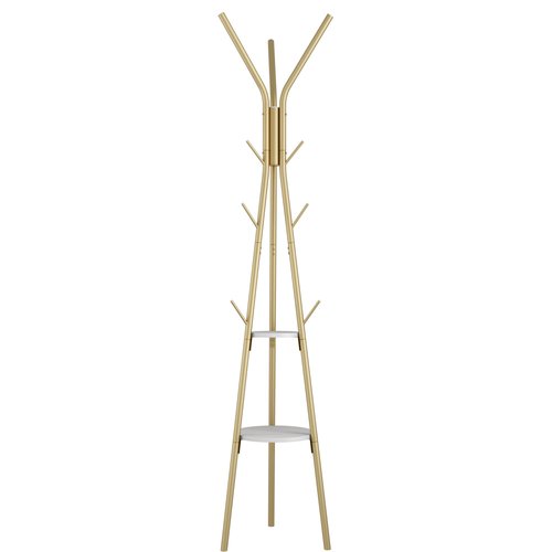 HOMEFORT Coat Rack, Coat Hanger Stand with 2 Shelves, Freestanding Hall Tree, Metal Hat Hanger with 12 Hooks for Clothes Hats and Scarves (Gold)